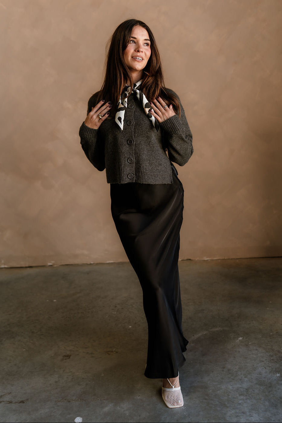 Bridgette Charcoal Grey Side Slit Cardigan - full body front view