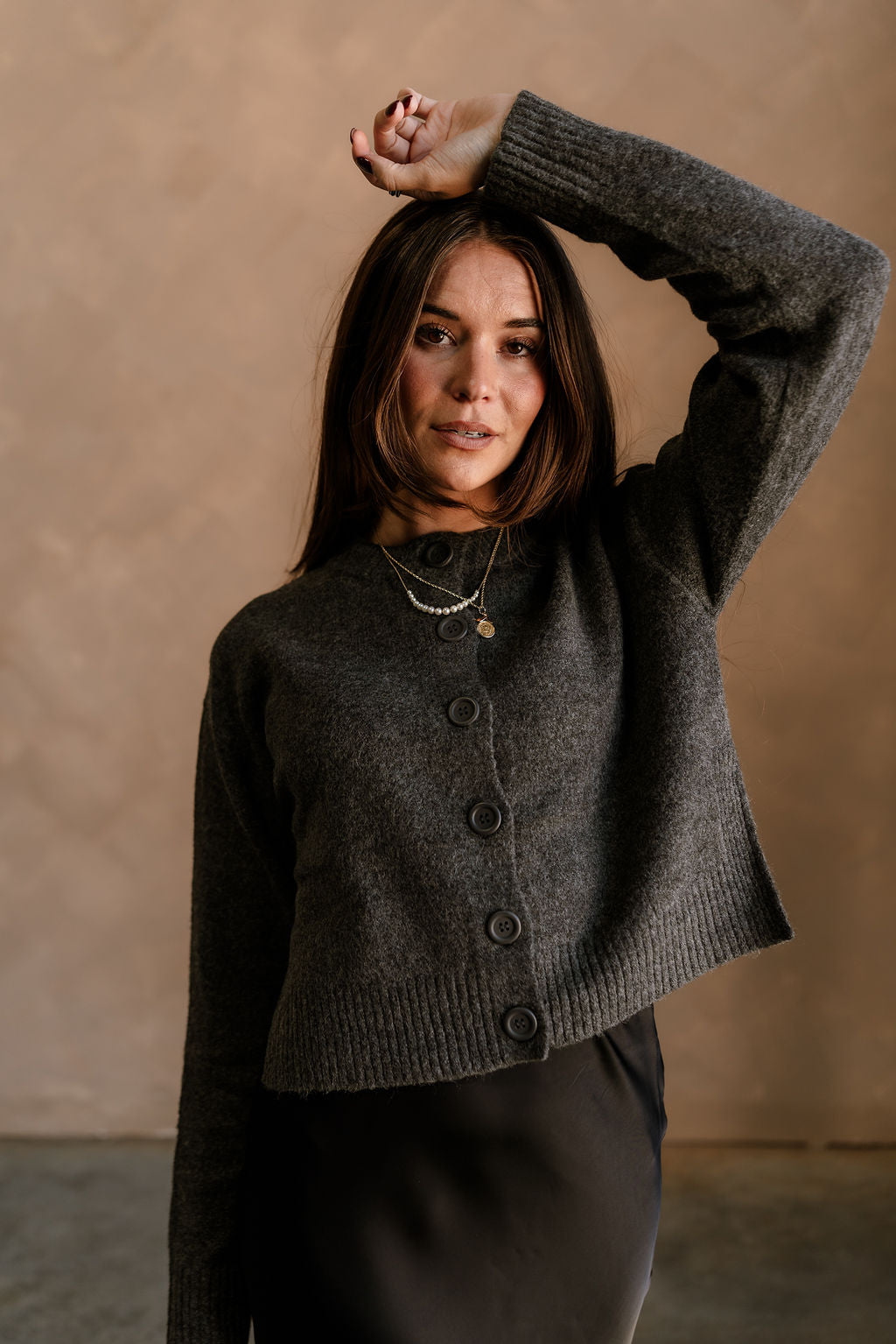 Bridgette Charcoal Grey Side Slit Cardigan - front 