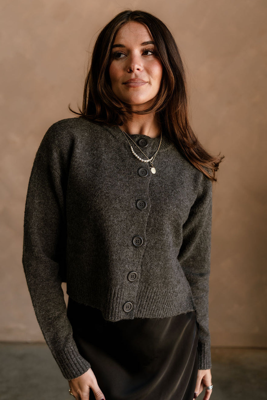 Bridgette Charcoal Grey Side Slit Cardigan - frontal view