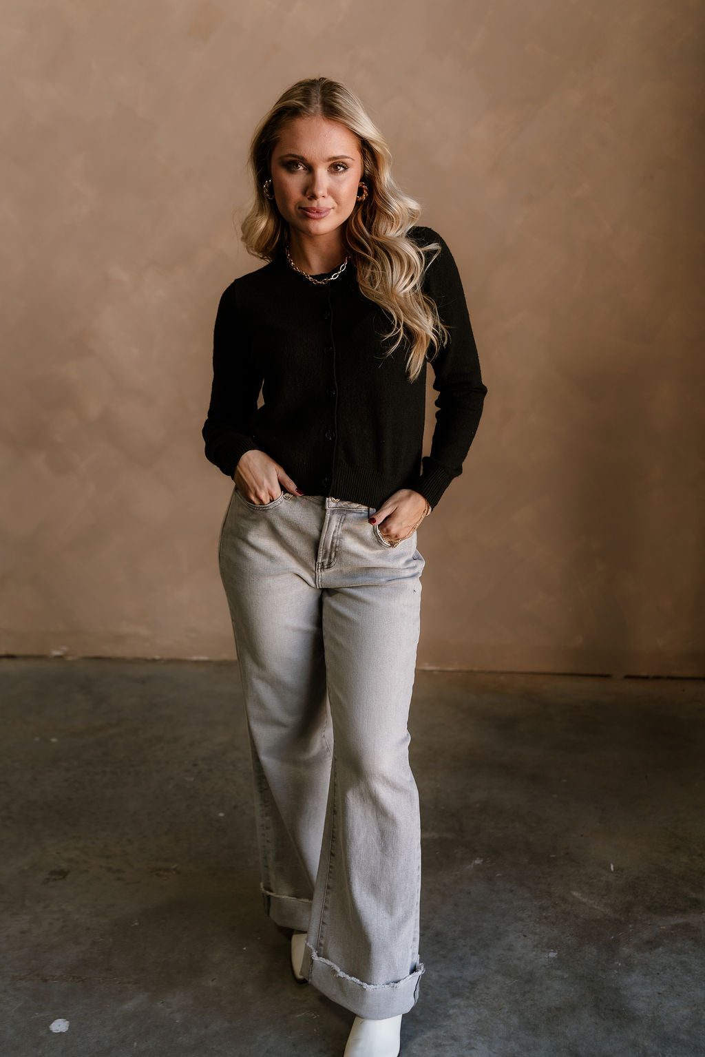 Sami Black Button Up Cardigan - full body front view