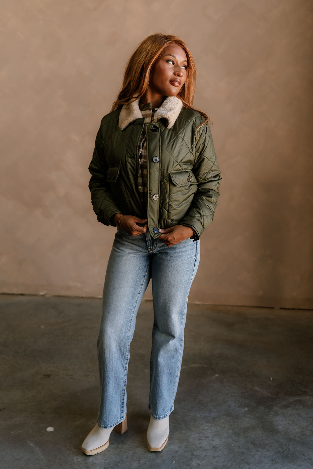 Camila Olive Puffer & Beige Fur Jacket- full body view