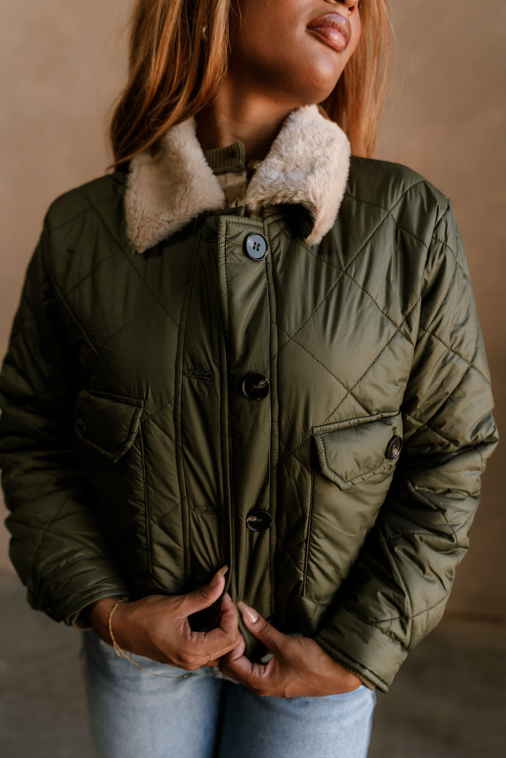 Camila Olive Puffer & Beige Fur Jacket- close up front view