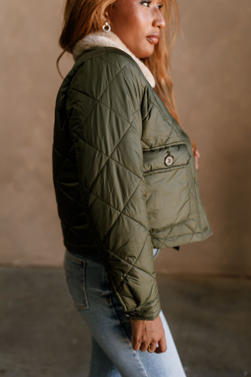 Camila Olive Puffer & Beige Fur Jacket- close up side view