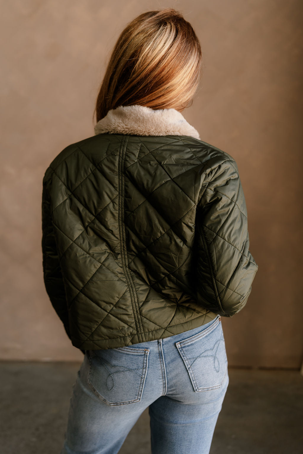 Camila Olive Puffer & Beige Fur Jacket- full back view