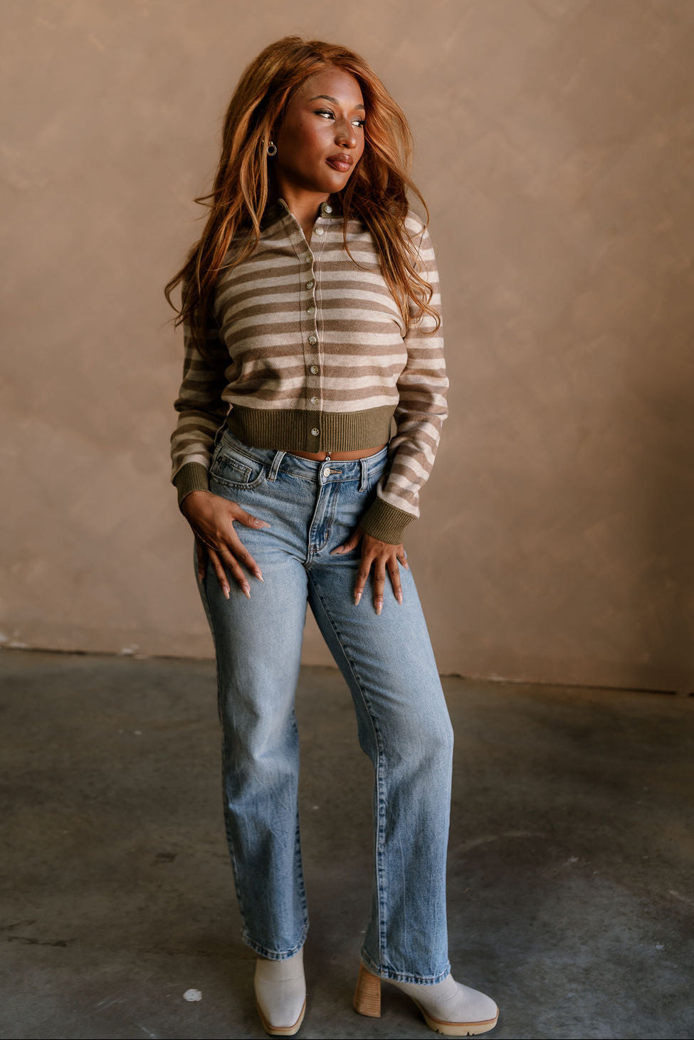 Vera Brown & Beige Stripe Knit Cardigan- full body view