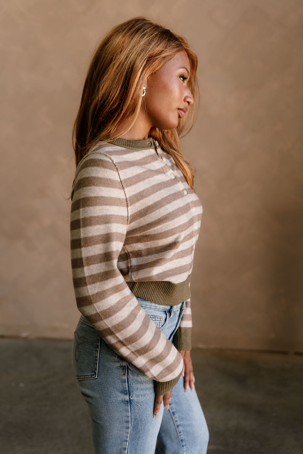 Vera Brown & Beige Stripe Knit Cardigan- full side view