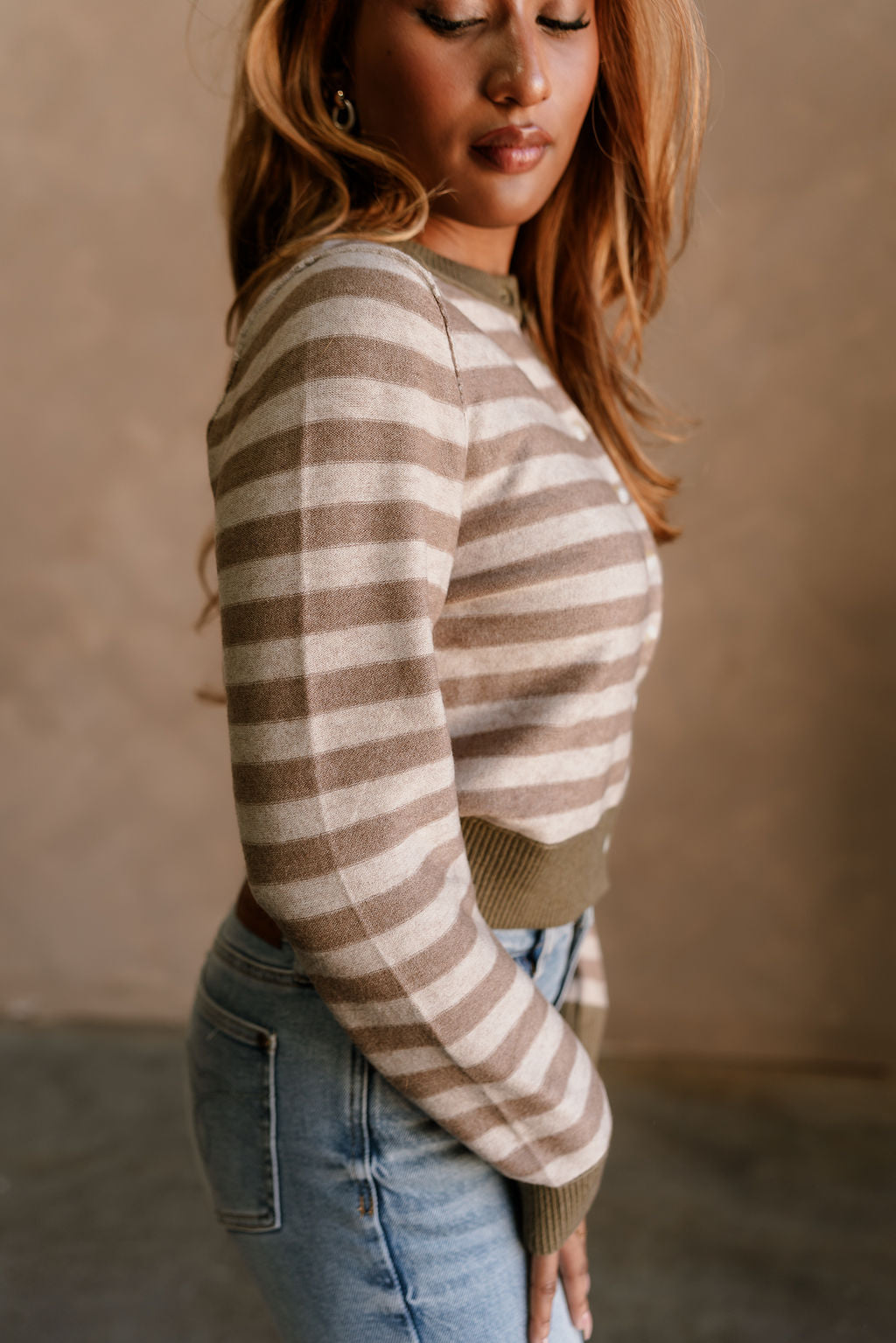 Vera Brown & Beige Stripe Knit Cardigan- close up back view