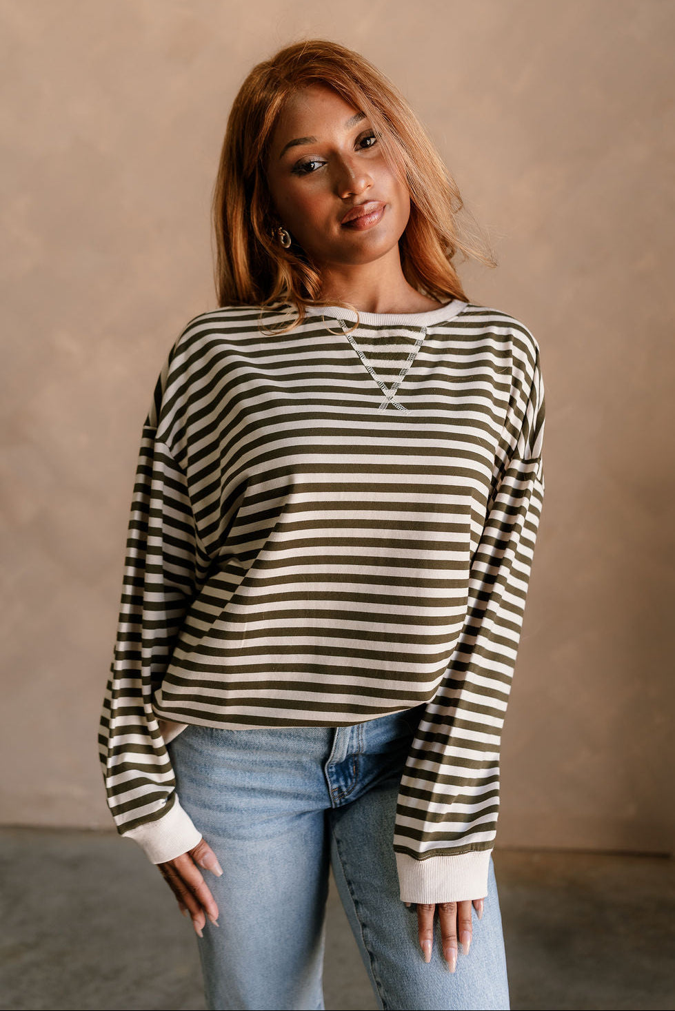 Diana Olive & Ivory Stripe Sweatshirt- front view