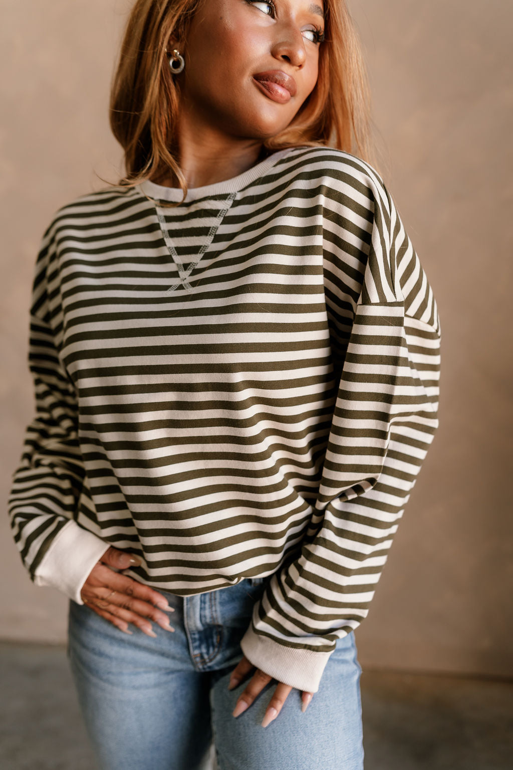 Diana Olive & Ivory Stripe Sweatshirt- close up front view