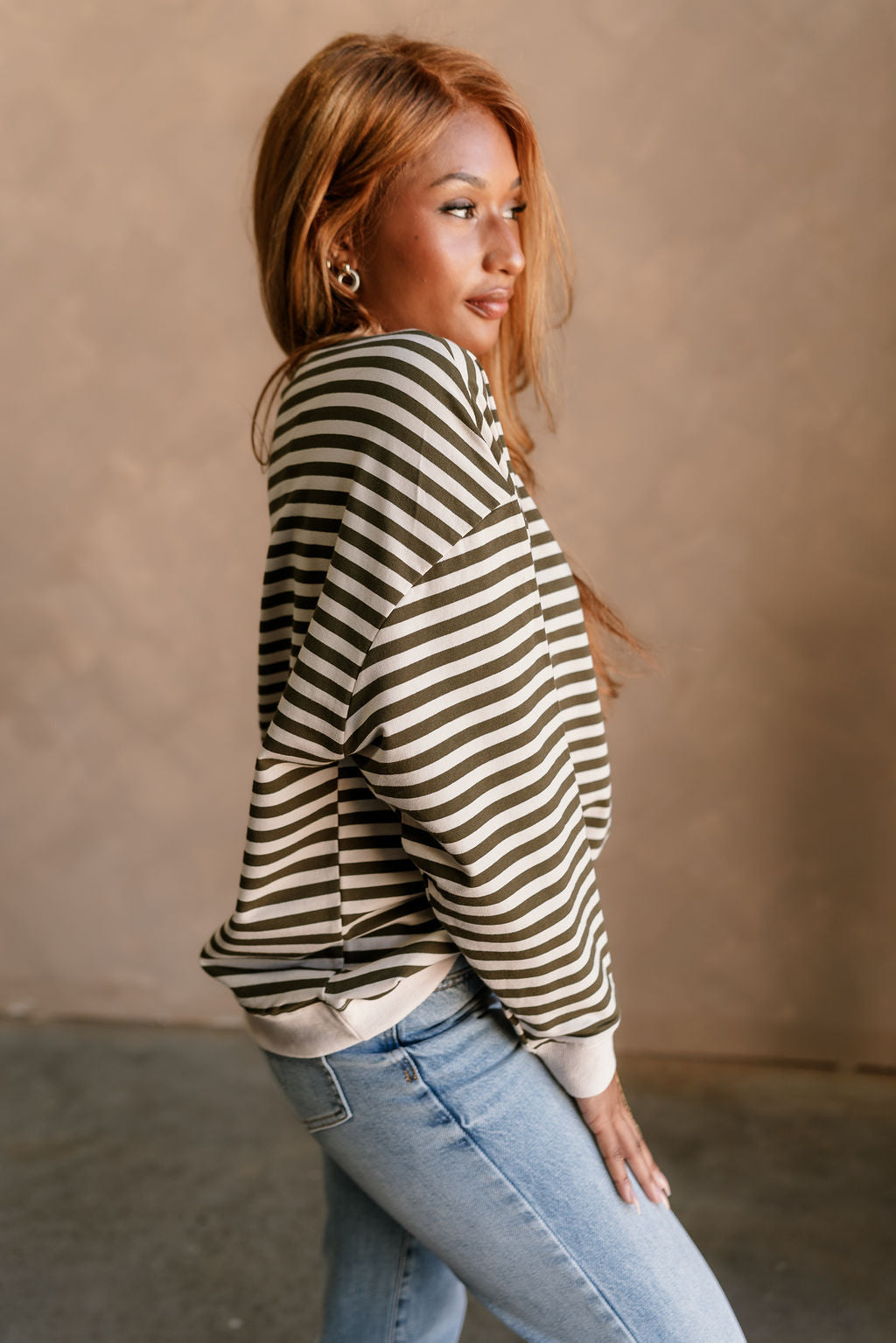 Diana Olive & Ivory Stripe Sweatshirt- side view