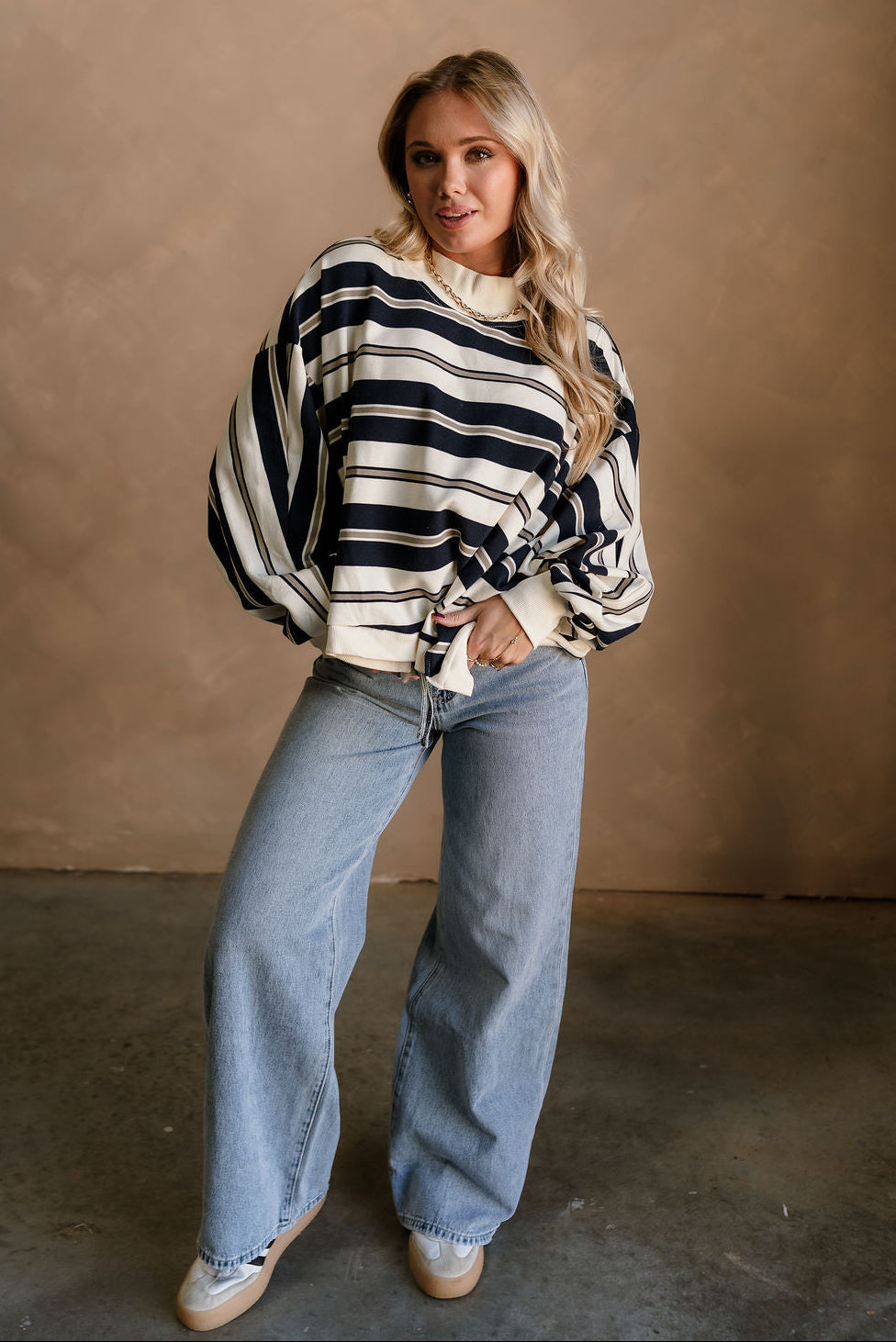 Blaire Navy Multi Stripe Long Sleeve Sweatshirt- full body view