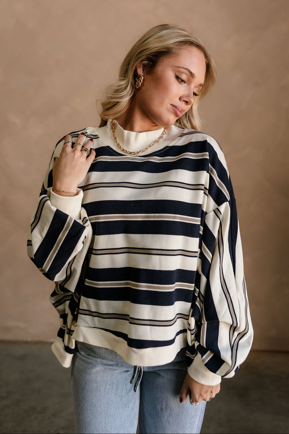 Blaire Navy Multi Stripe Long Sleeve Sweatshirt- front view