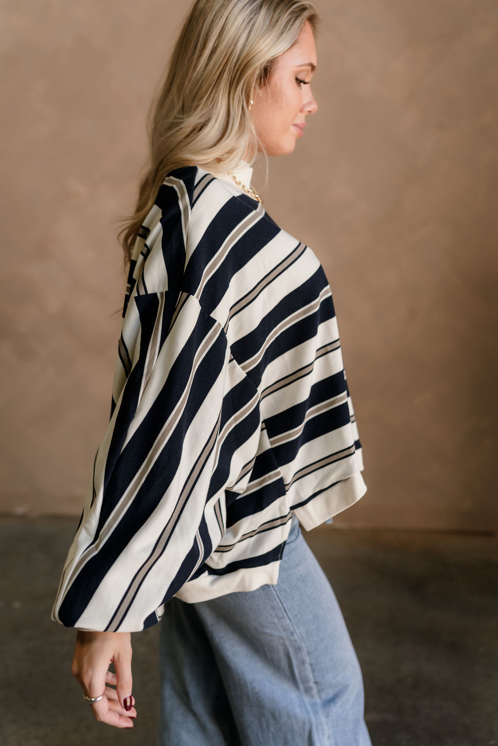 Blaire Navy Multi Stripe Long Sleeve Sweatshirt- frontal side view