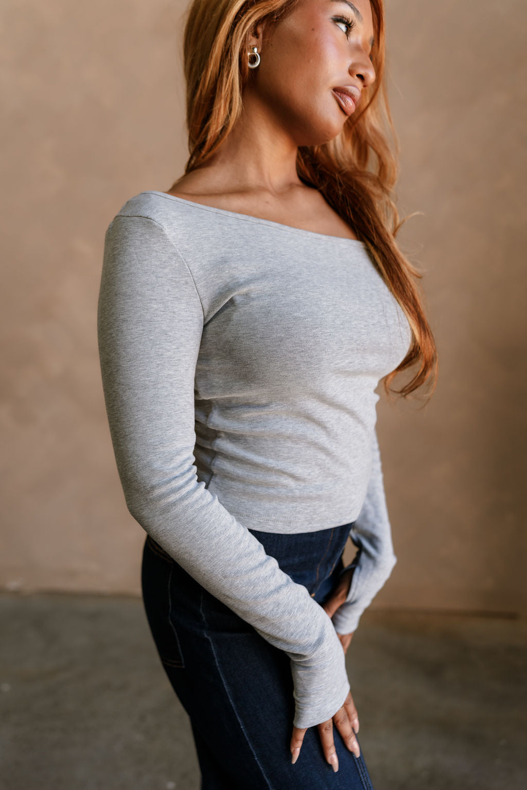 Stella Heather Grey Long Sleeve Top- close up frontal side view