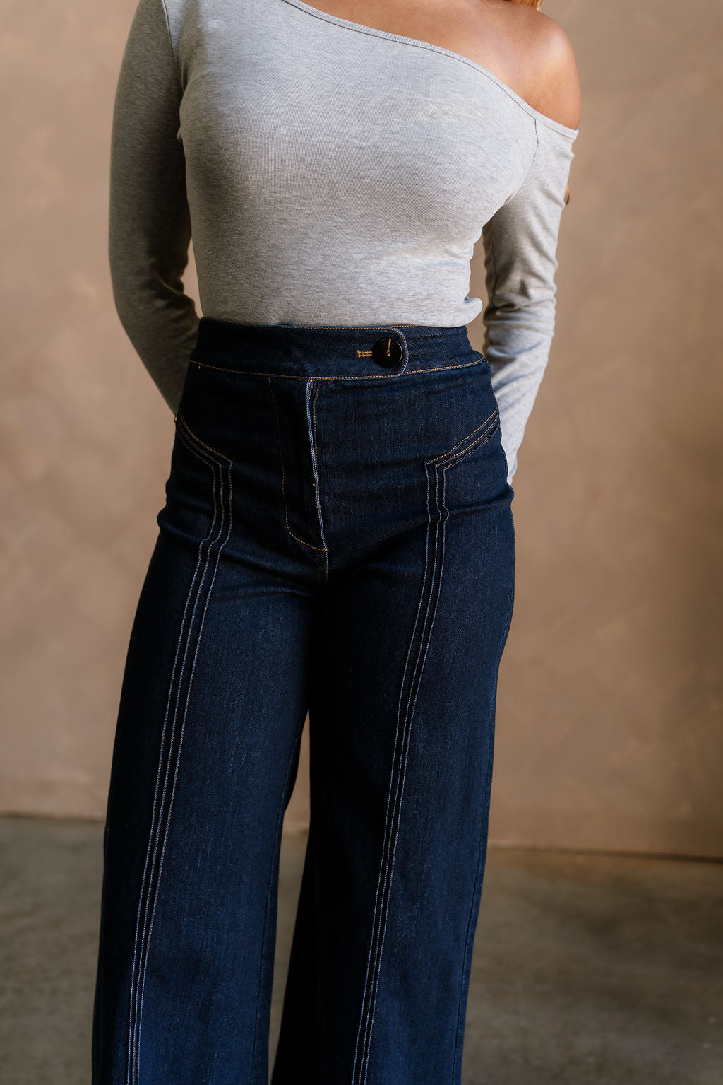 Lena Dark Denim Wide Leg Jeans- front top view