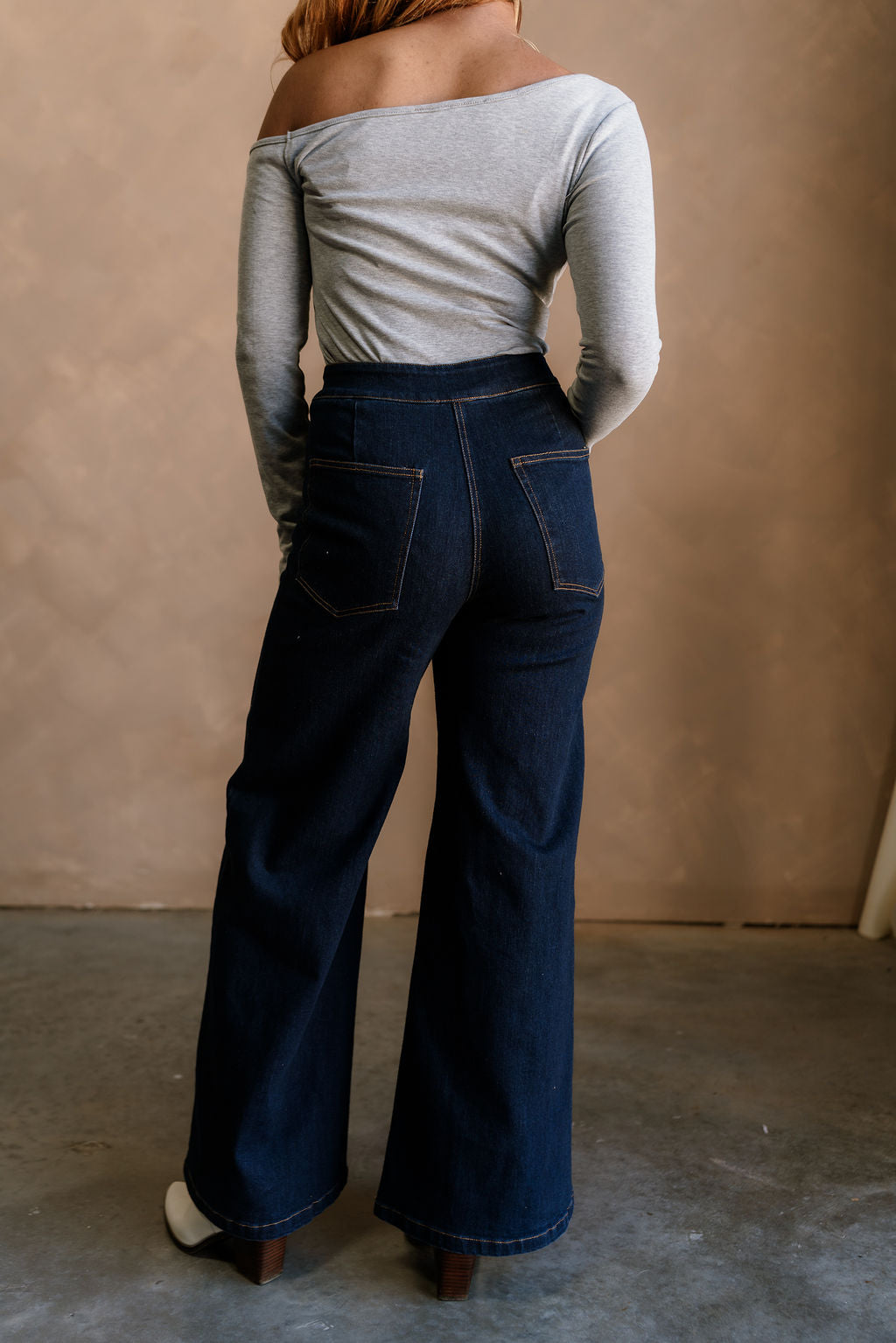 Lena Dark Denim Wide Leg Jeans- top back view