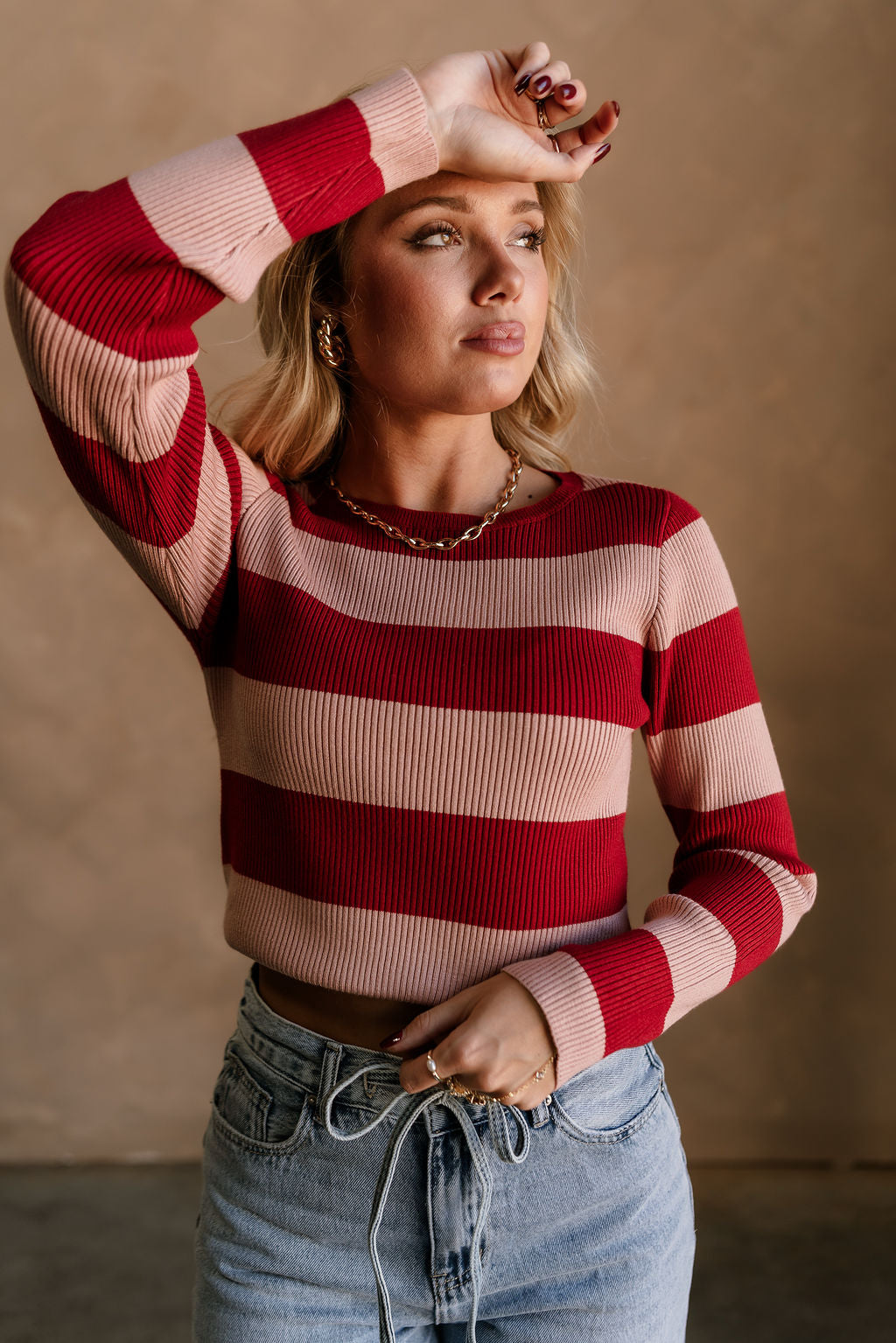 Vivian Deep Red & Pink Ribbed Knit Top- top view