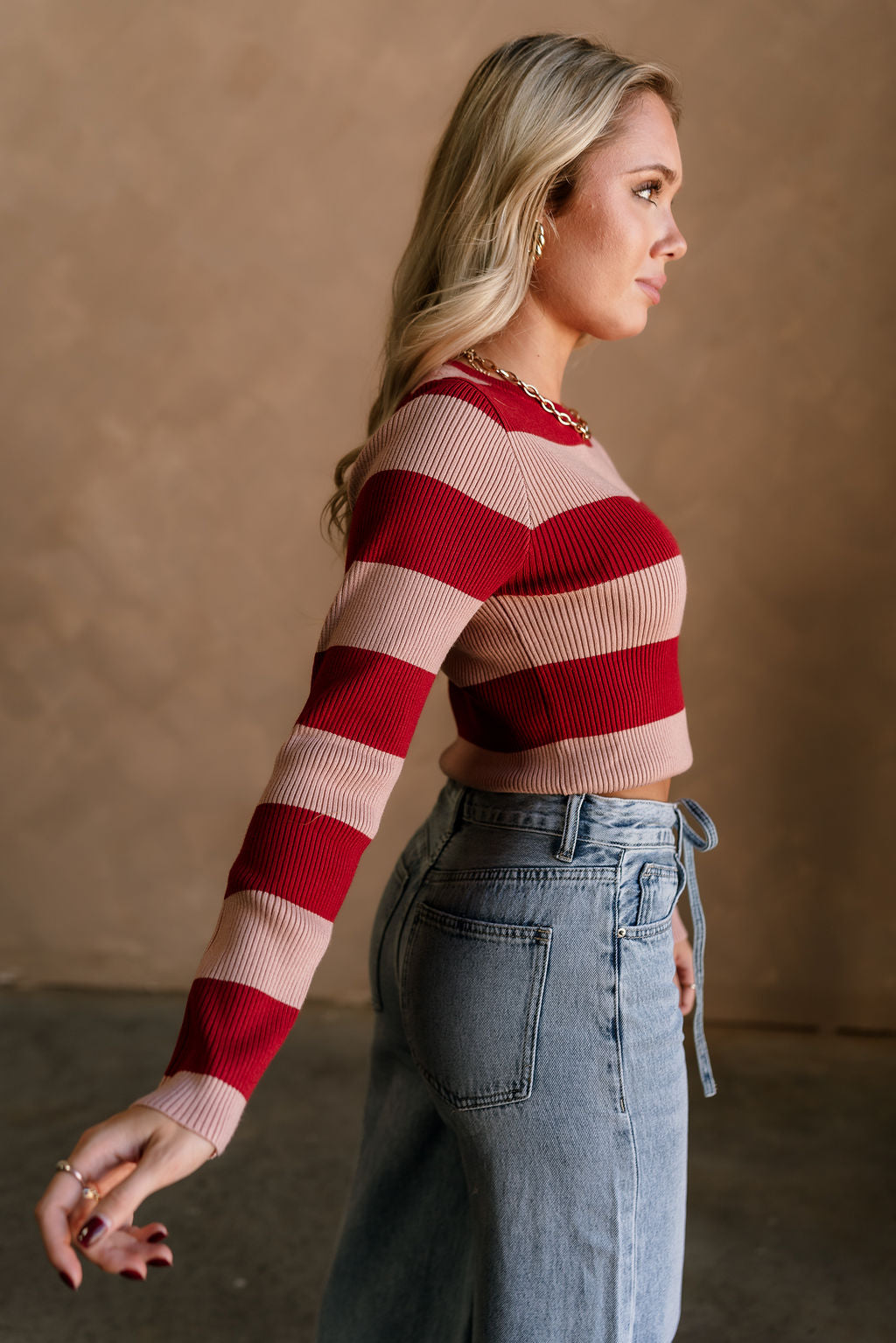 Vivian Deep Red & Pink Ribbed Knit Top- side view