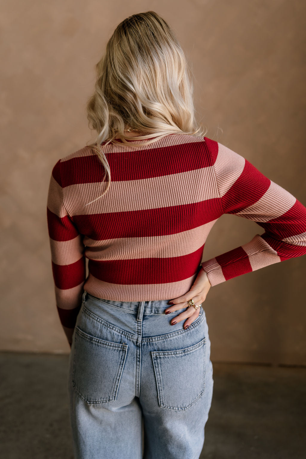 Vivian Deep Red & Pink Ribbed Knit Top- back view