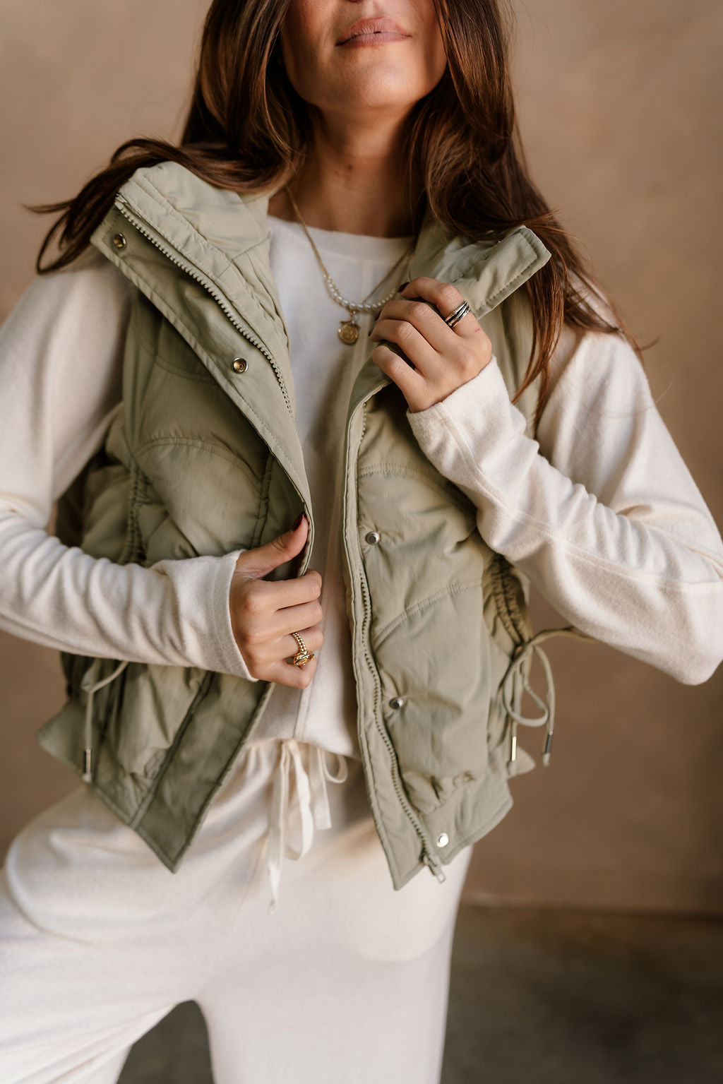 Vera Dusty Sage Puffer Zip-Up Vest- close up top view