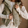 Vera Dusty Sage Puffer Zip-Up Vest- close up top view