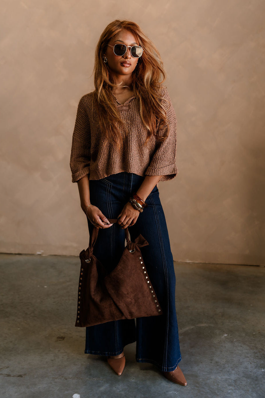 Lena Brown Loose Knit Sweater- full body view