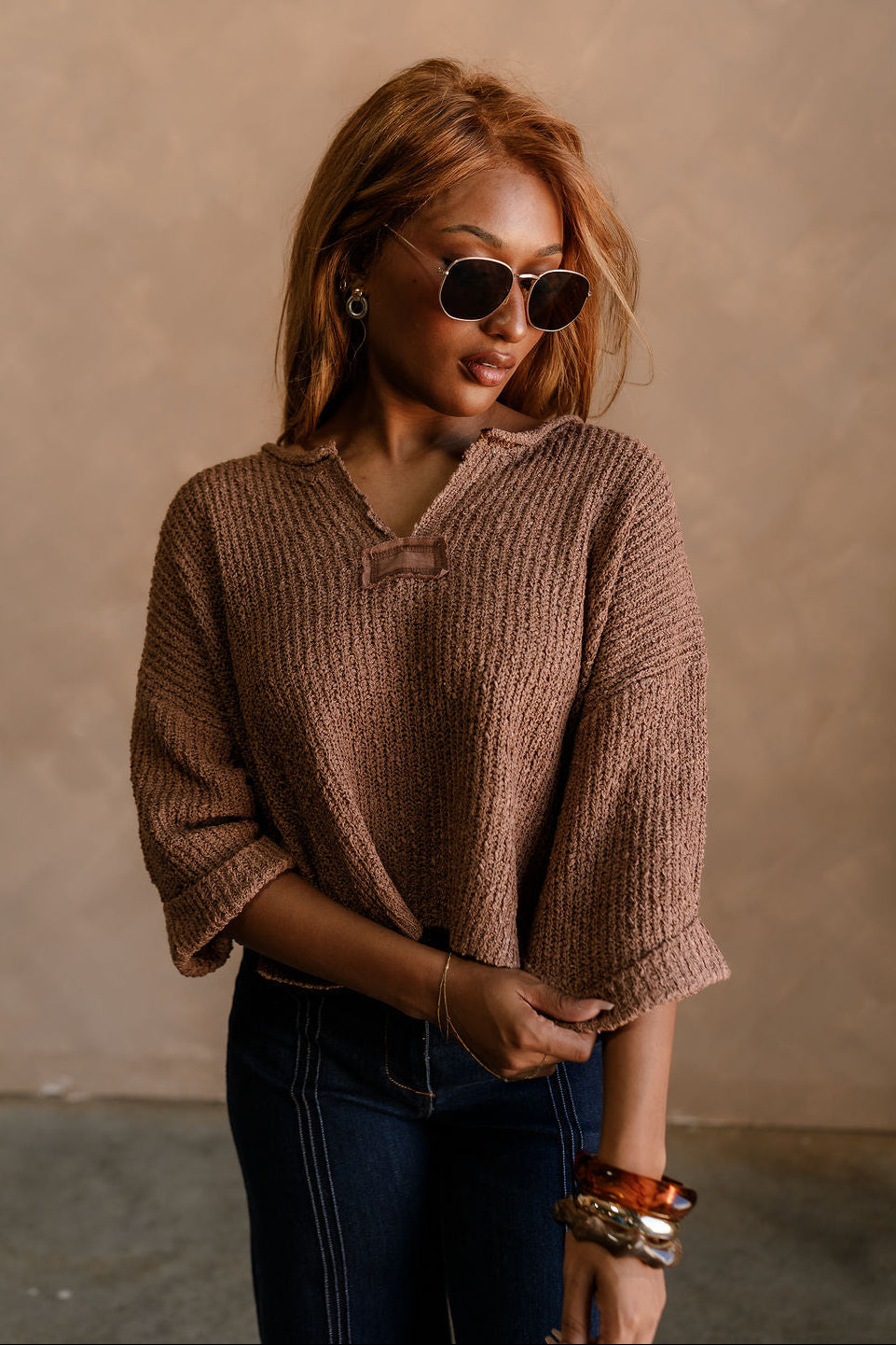 Lena Brown Loose Knit Sweater- front top view