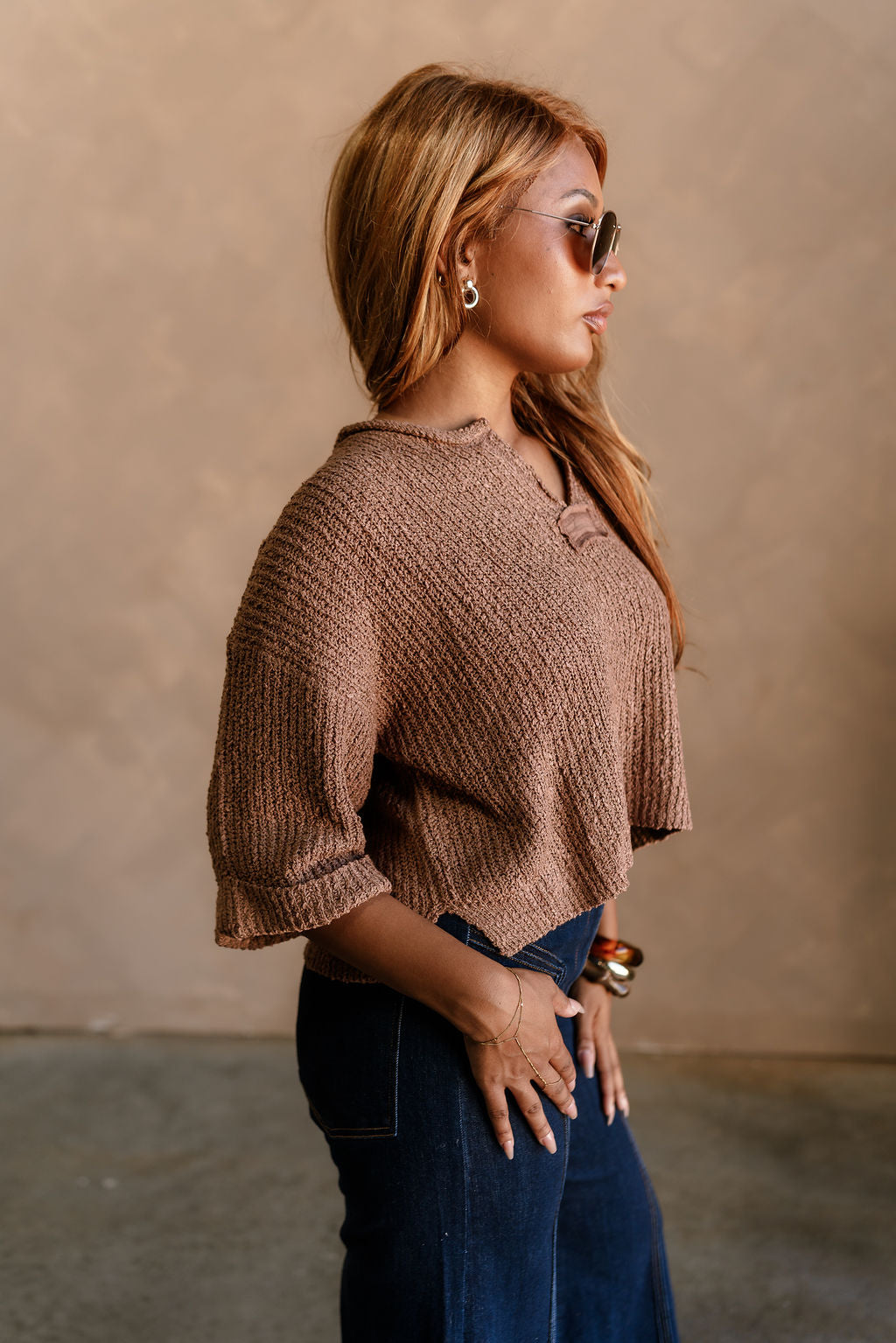 Lena Brown Loose Knit Sweater- side view