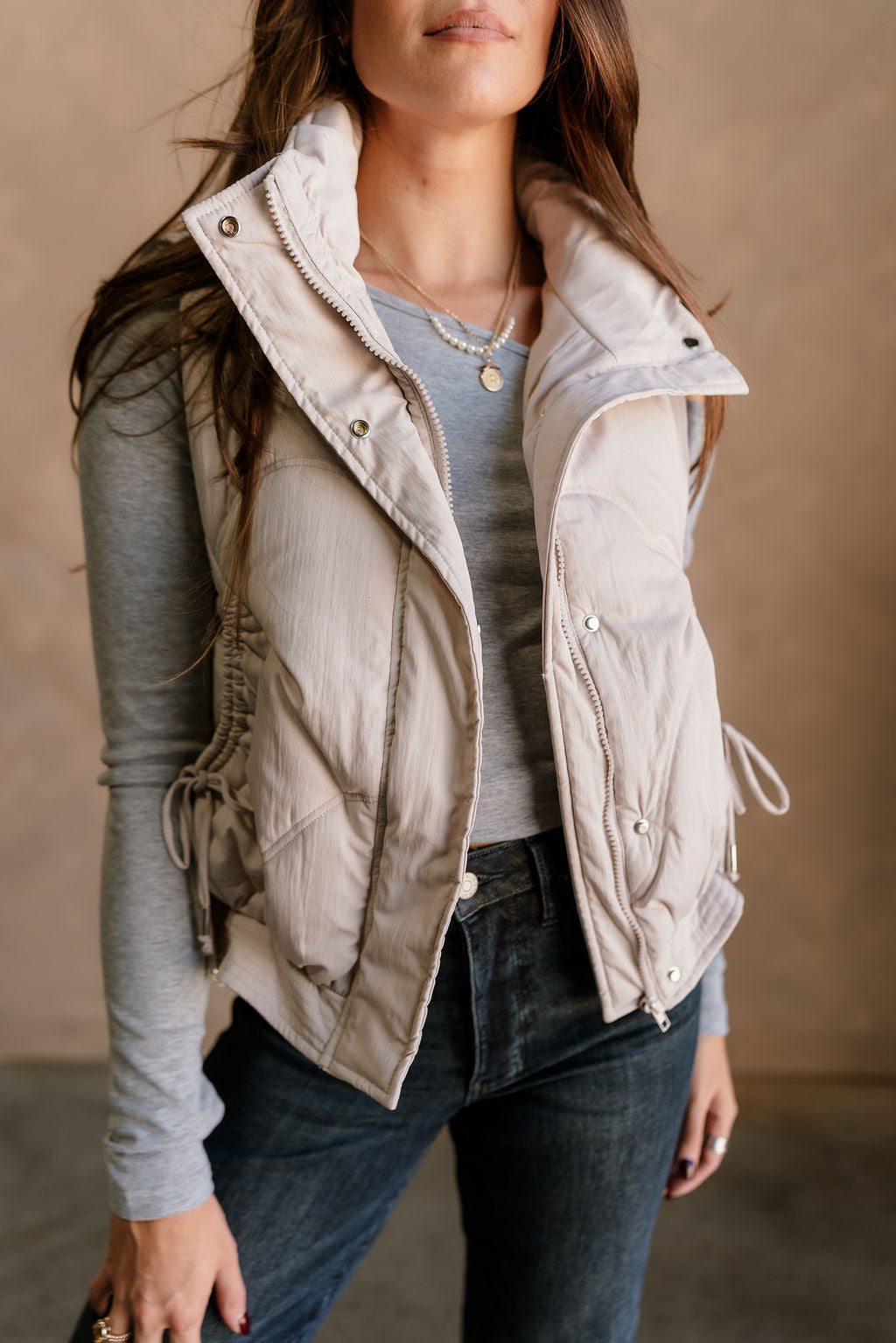 Vera Ecru Puffer Zip-Up Vest- close up front view