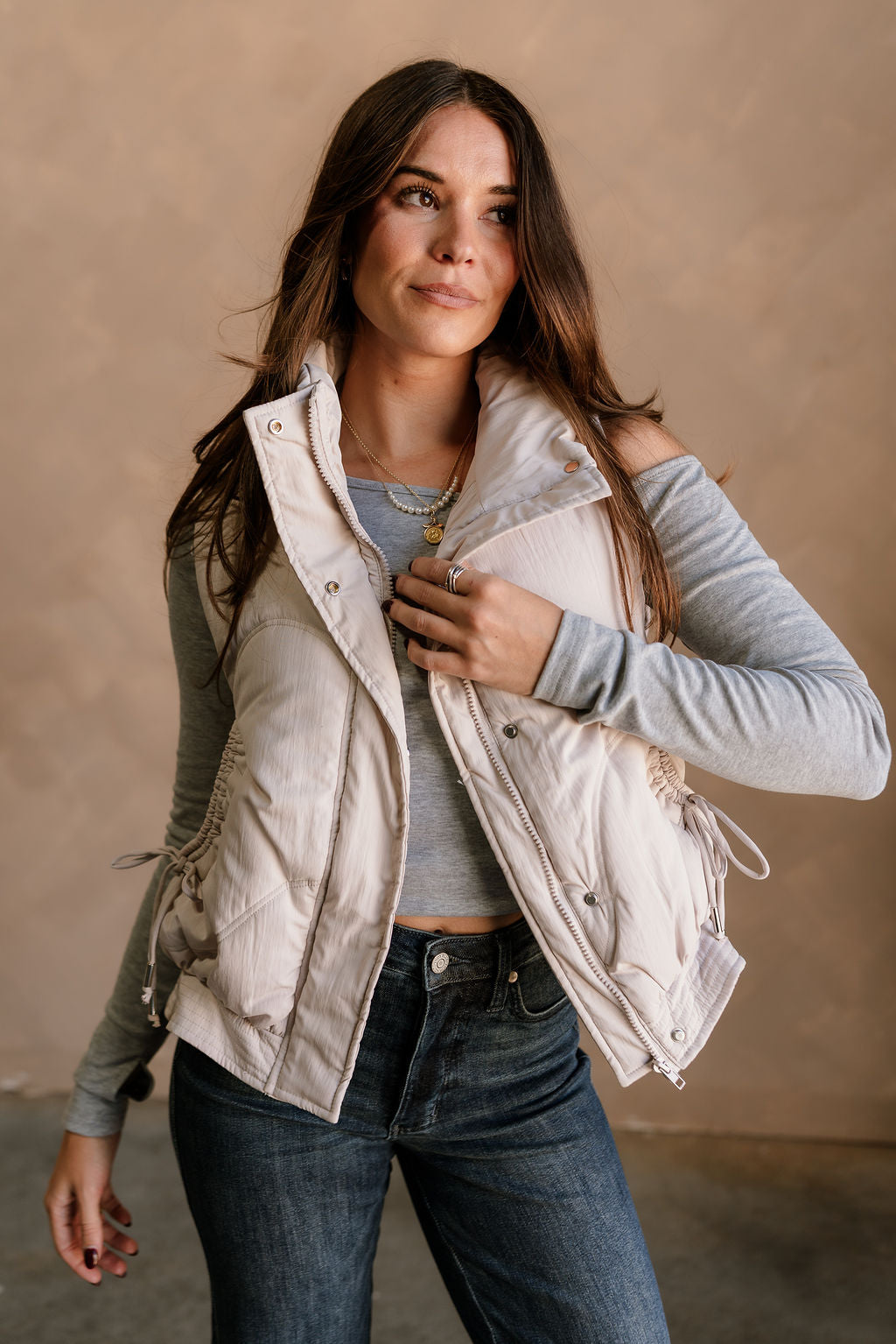 Vera Ecru Puffer Zip-Up Vest- front top view