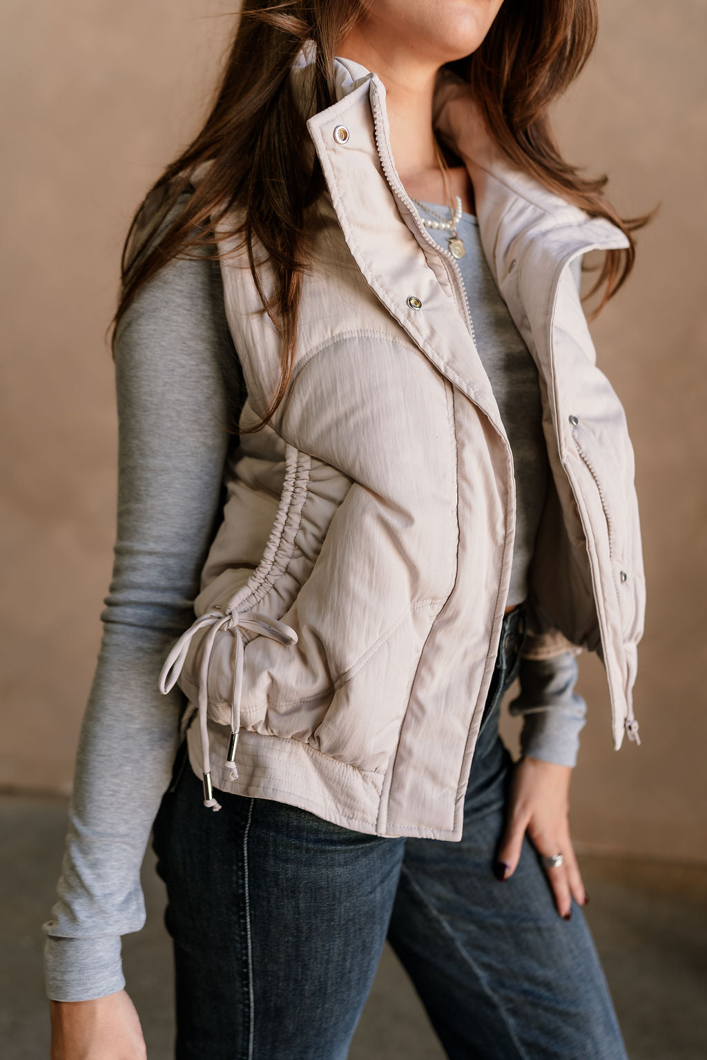 Vera Ecru Puffer Zip-Up Vest- frontal side view