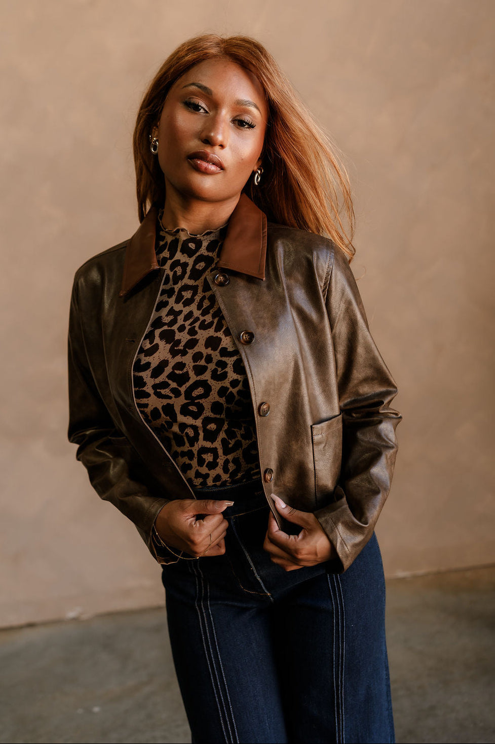 Diana Dark Brown Faux Leather Jacket- front view