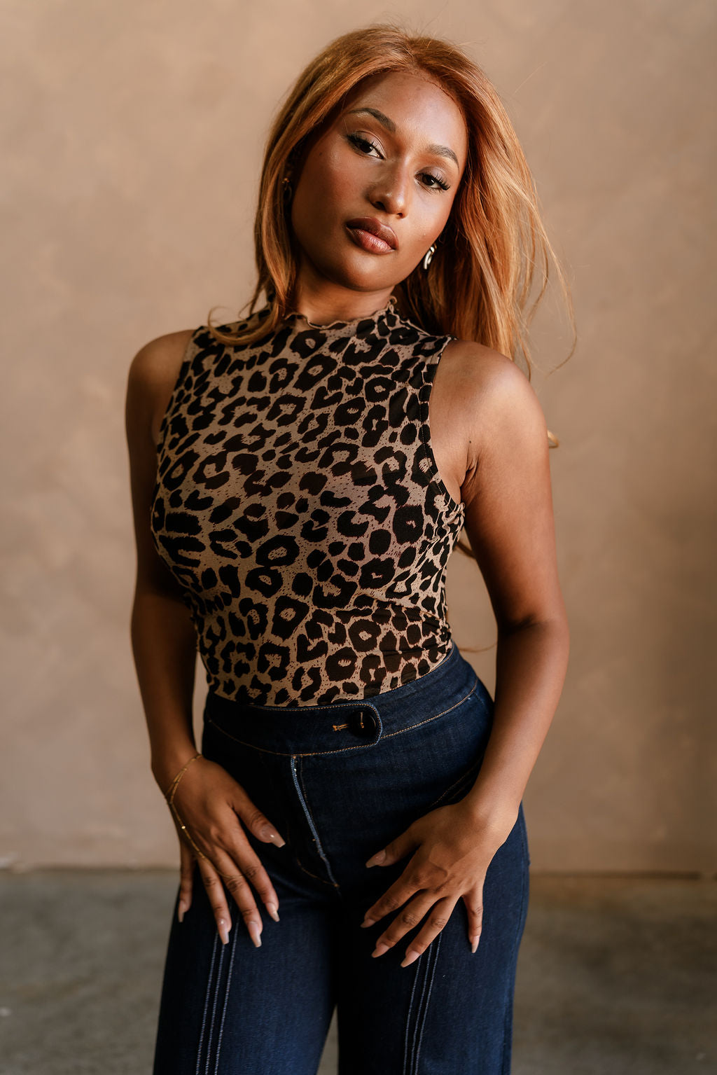 Noelle Cheetah Mesh Tank- front top view