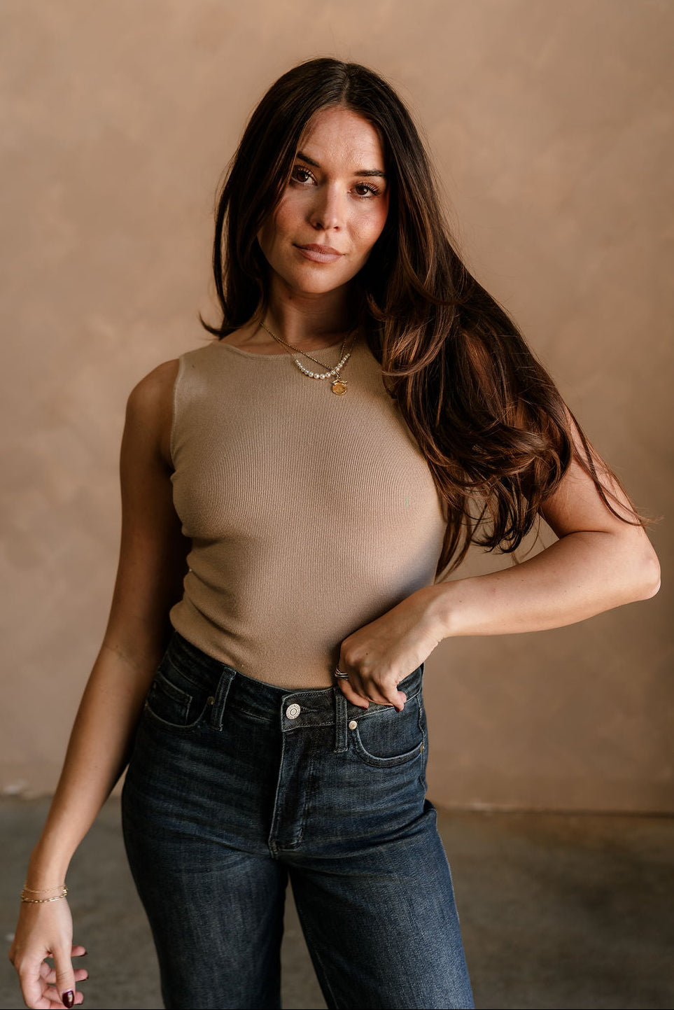 Lilliana Taupe & Black Ties Knit Bodysuit- front top view