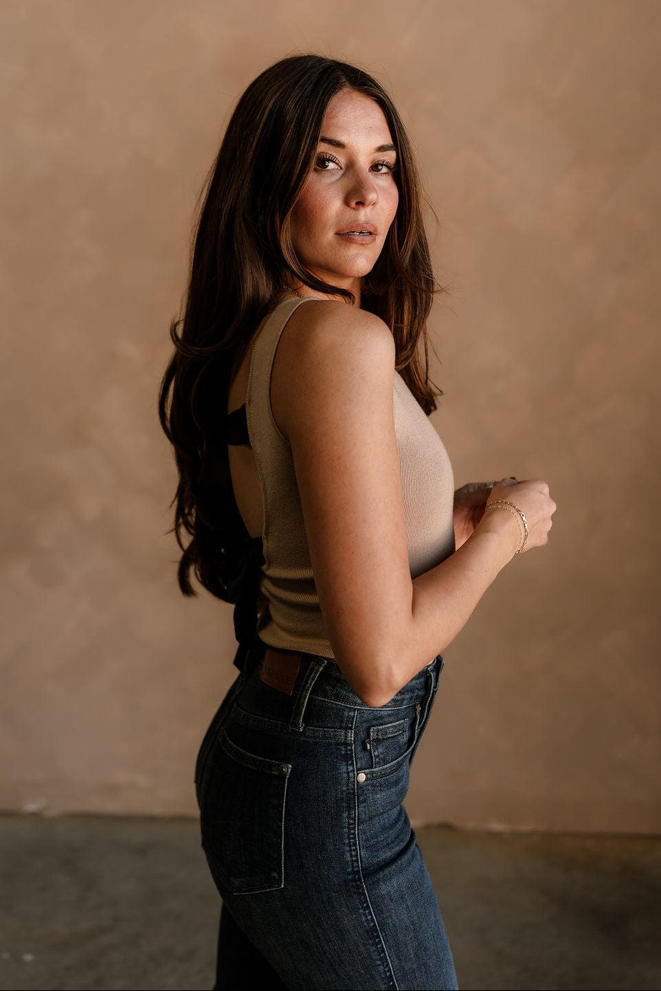 Lilliana Taupe & Black Ties Knit Bodysuit- back side view