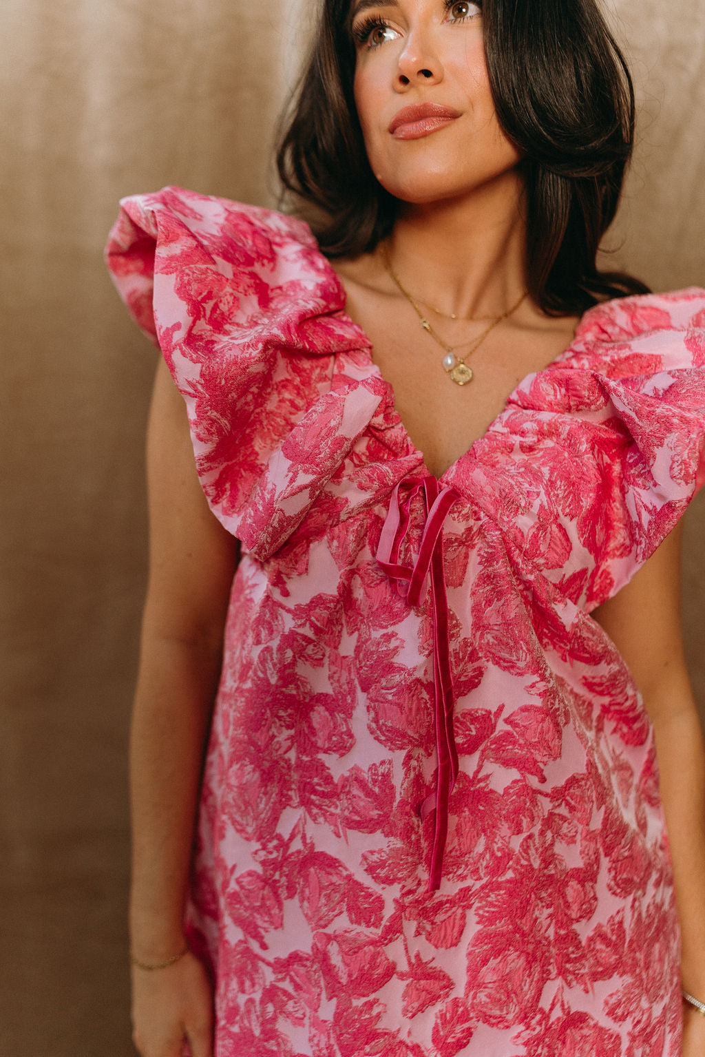 Gabriella Pink Floral Jacquard Mini Dress- close up front view