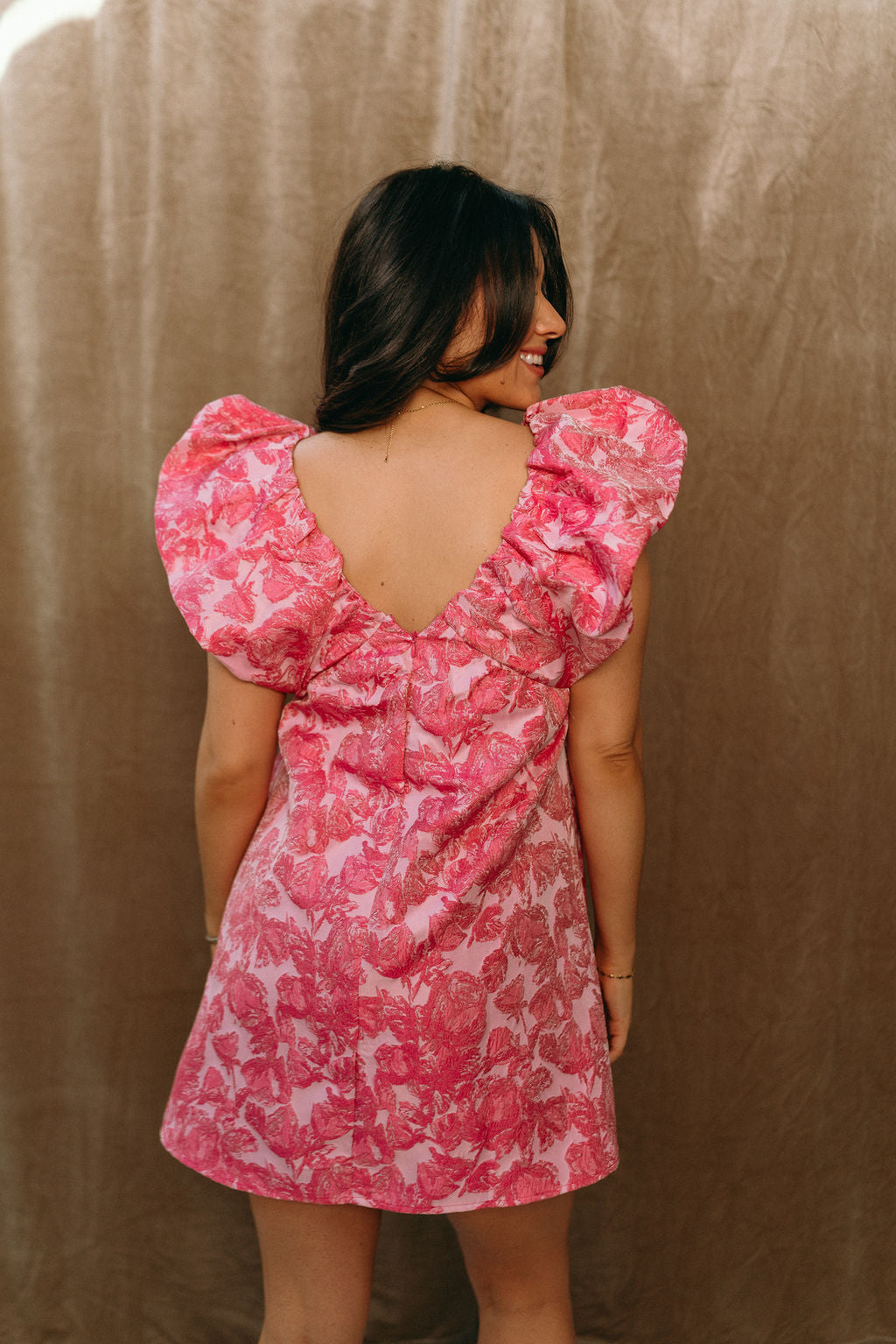 Gabriella Pink Floral Jacquard Mini Dress- back view