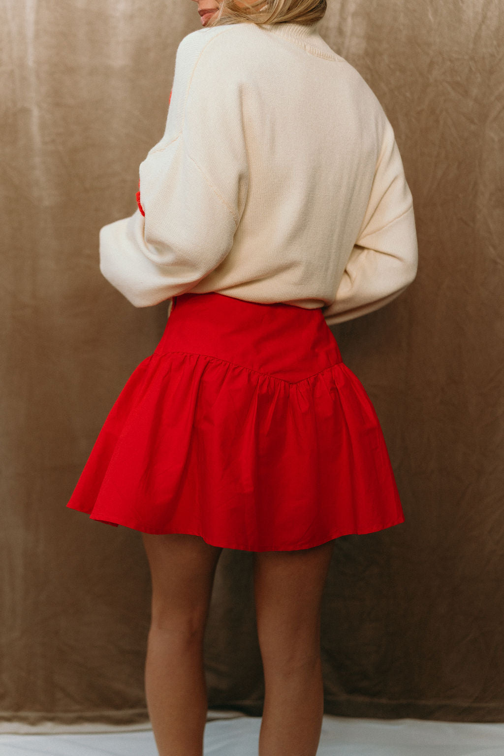 Clara Red Flare Mini Skirt- close up back view