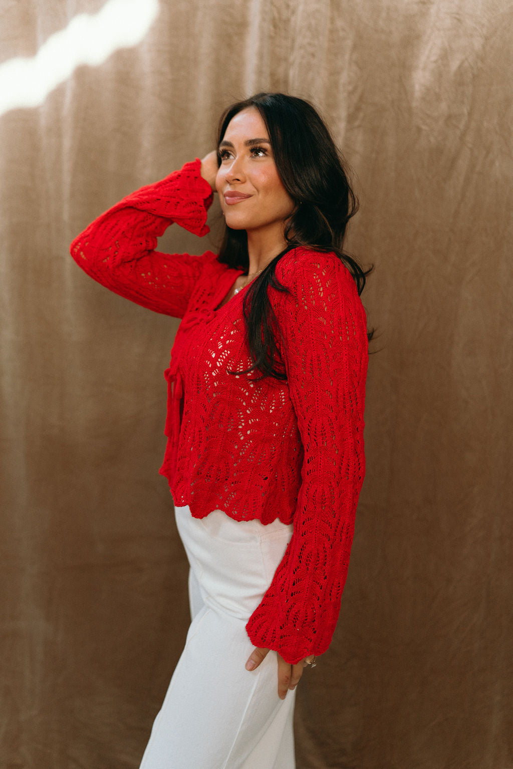 Margaret Red Knit Scallop Ties Cardigan- side view