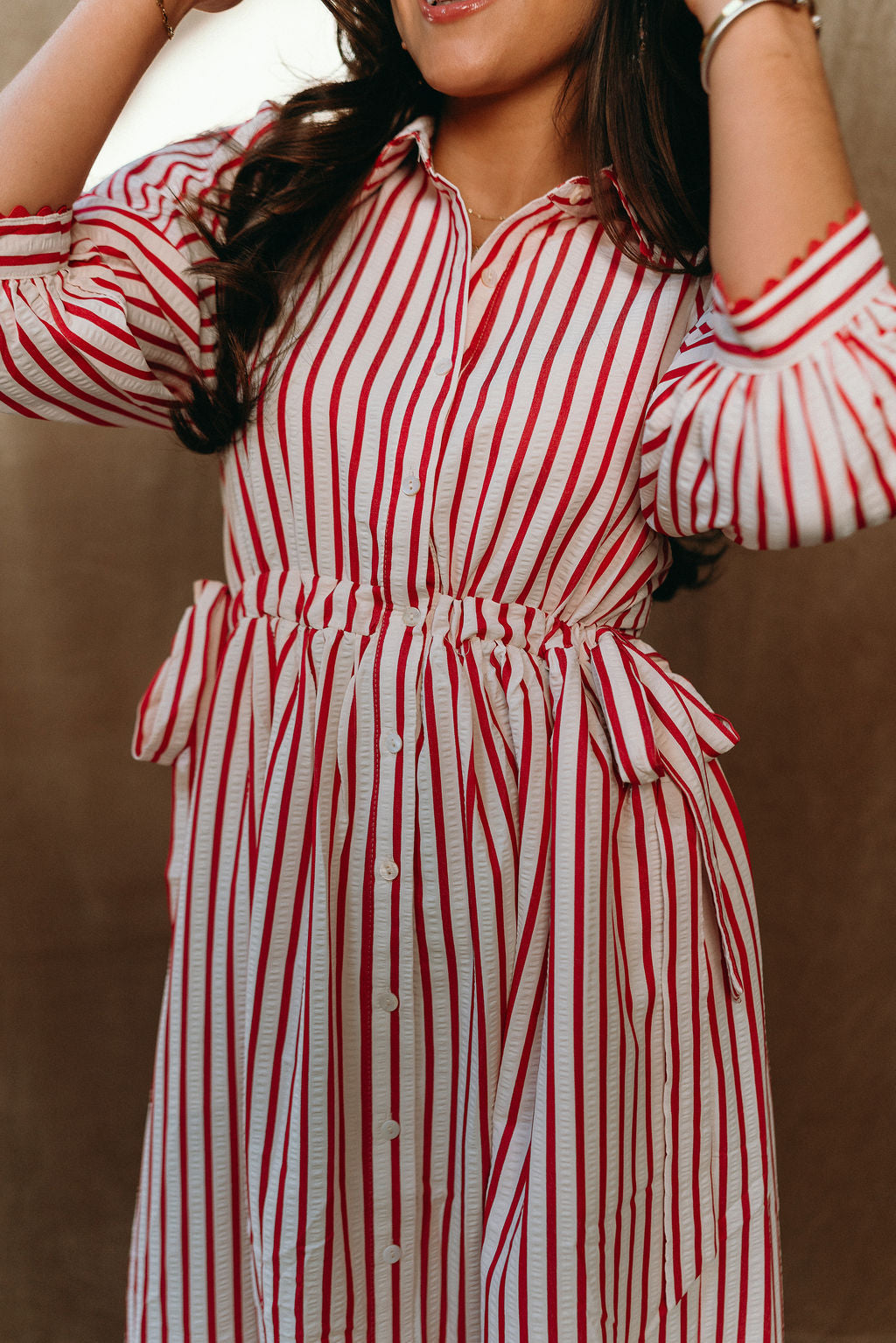 Alaina Red & Cream Stripe Midi Dress- close up front view