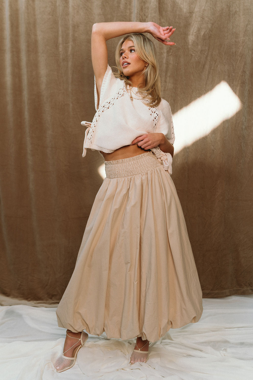 Valeria Beige Bubble Hem Maxi Skirt- full body view