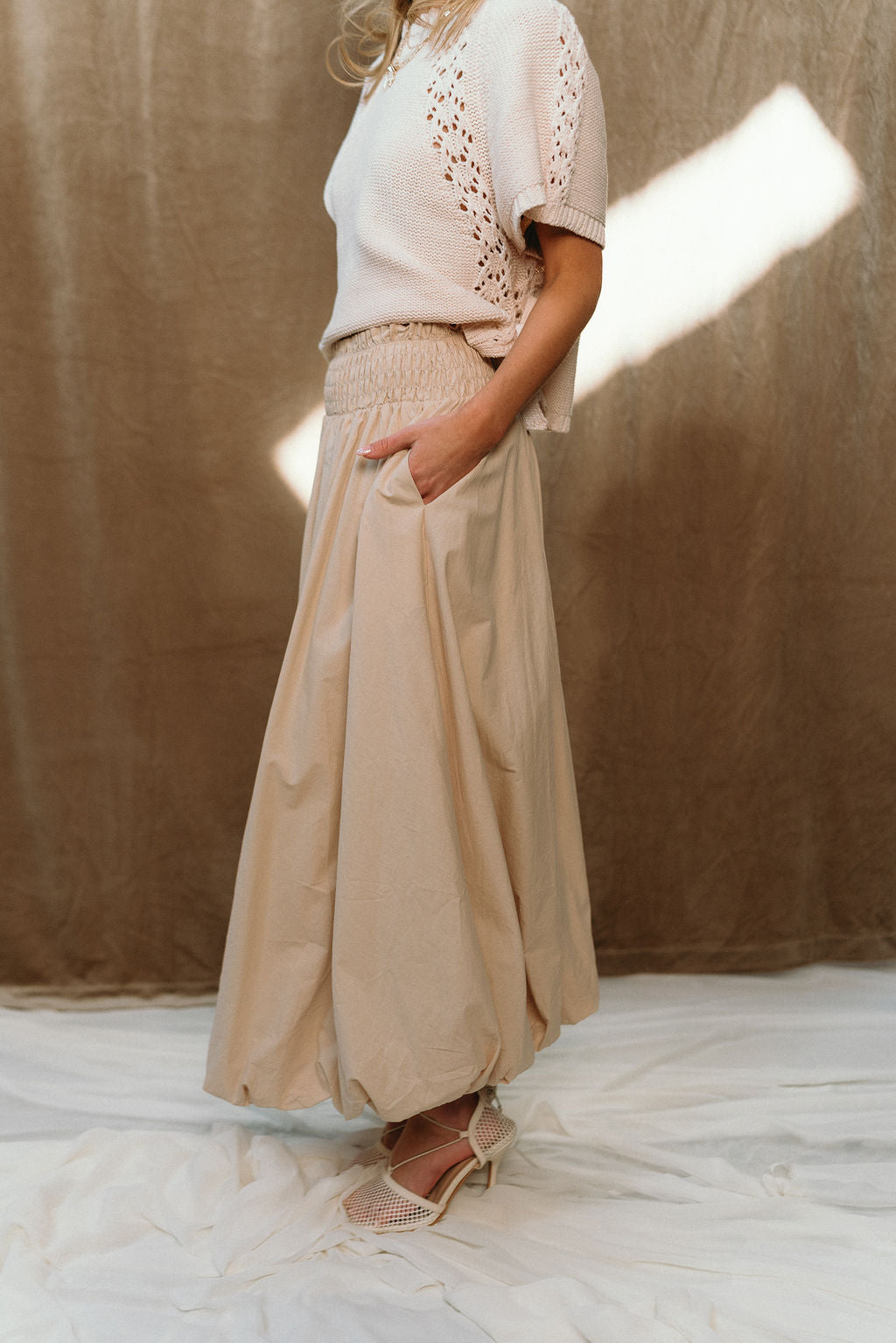 Valeria Beige Bubble Hem Maxi Skirt- side view