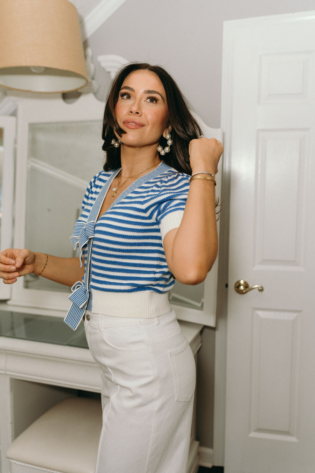 Calista Blue & White Striped Bow Top - frontal side view