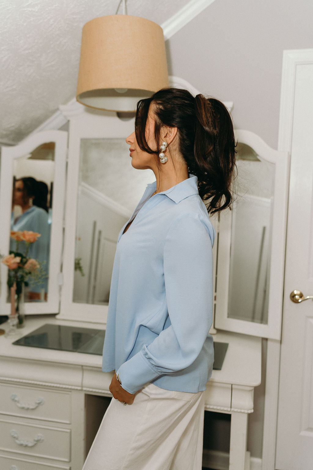 Chloe Light Blue Collared Long Sleeve Top - side view