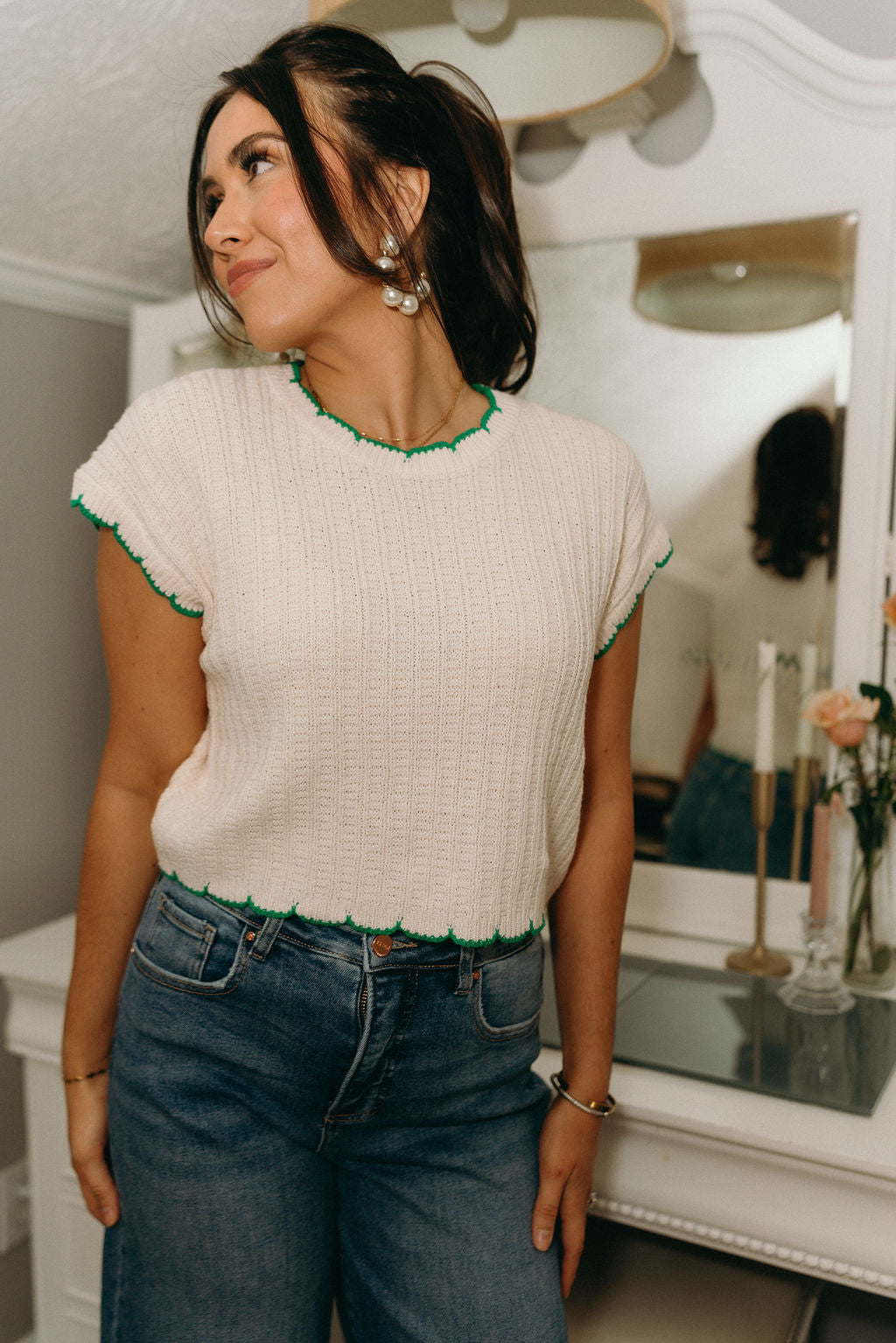 Mary Cream & Green Scalloped Sweater - Frontal view