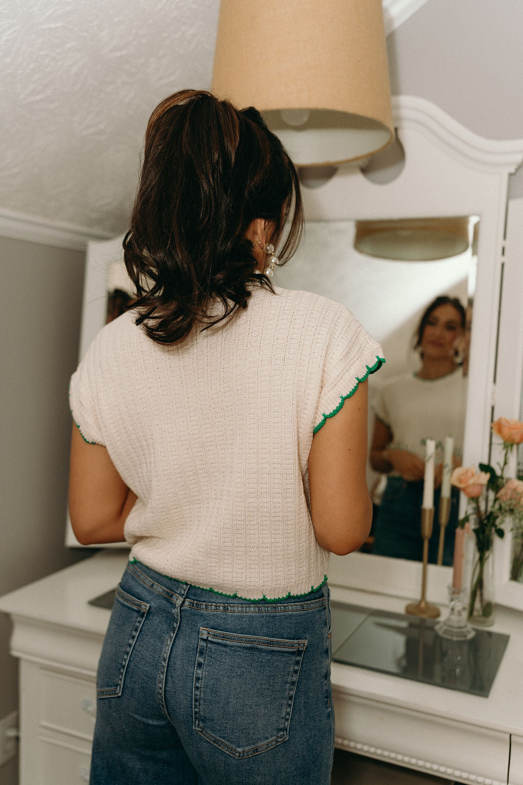 Mary Cream & Green Scalloped Sweater - Back view