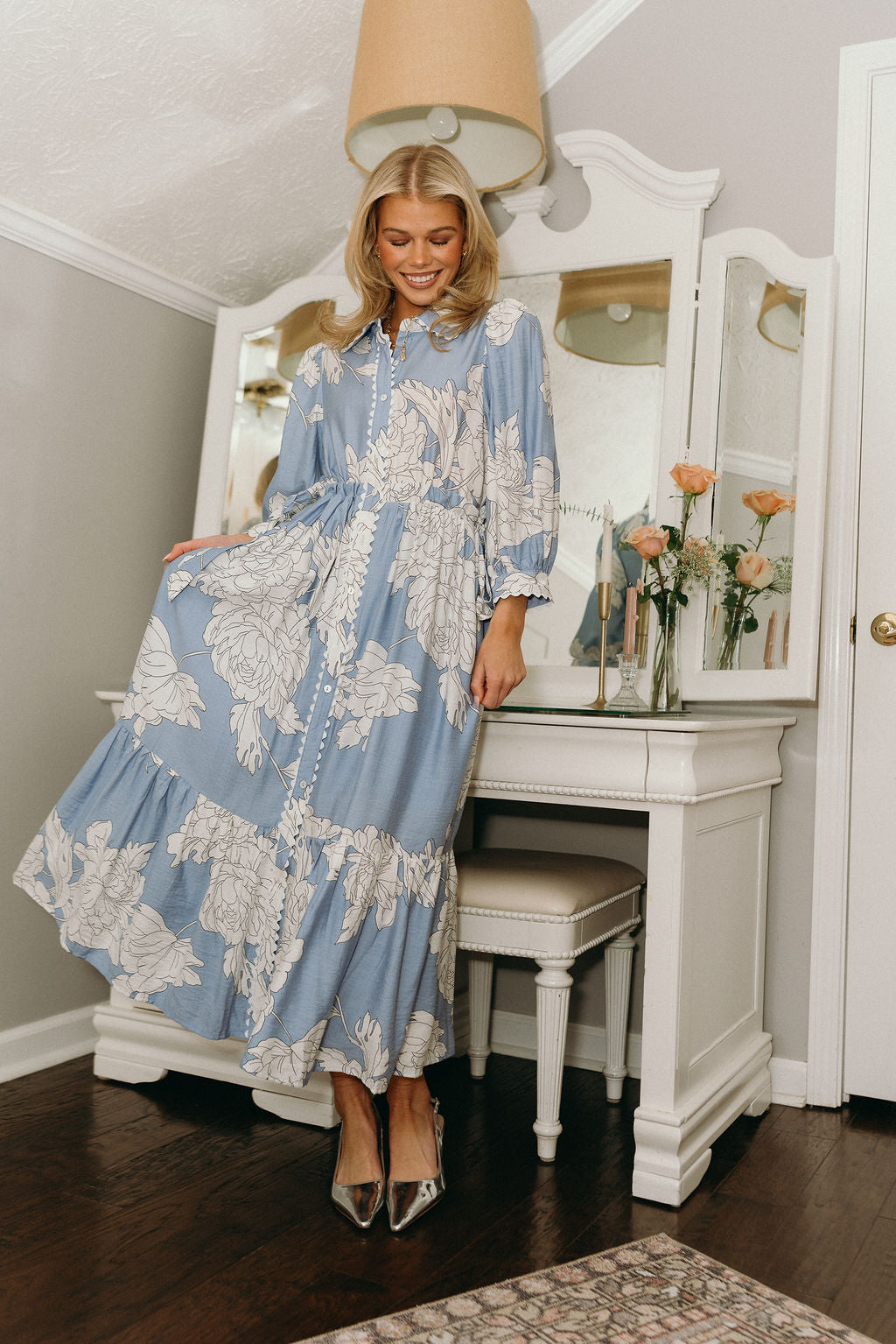 Abigail Blue & White Floral Midi Dress - full body front view (model holding skirt out)