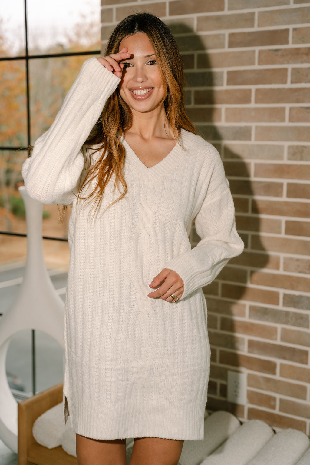 Ivory Cable Knit Sweater Dress - Kamila Dress