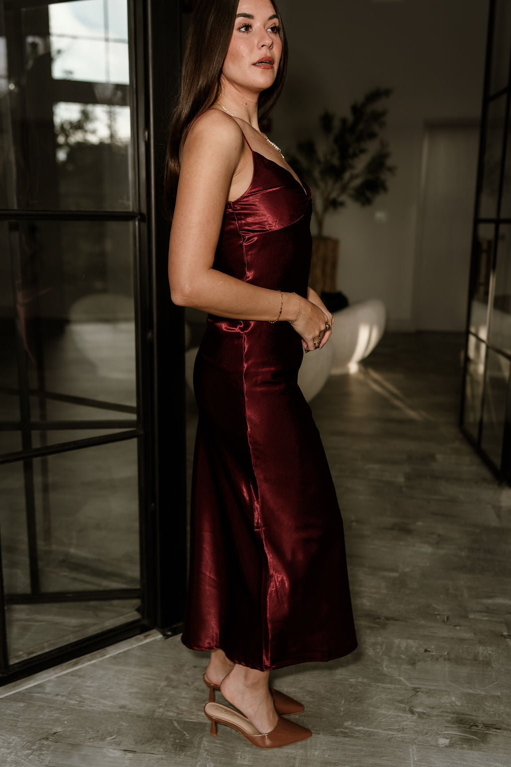 Julia Plum Satin Midi Dress- full body side view