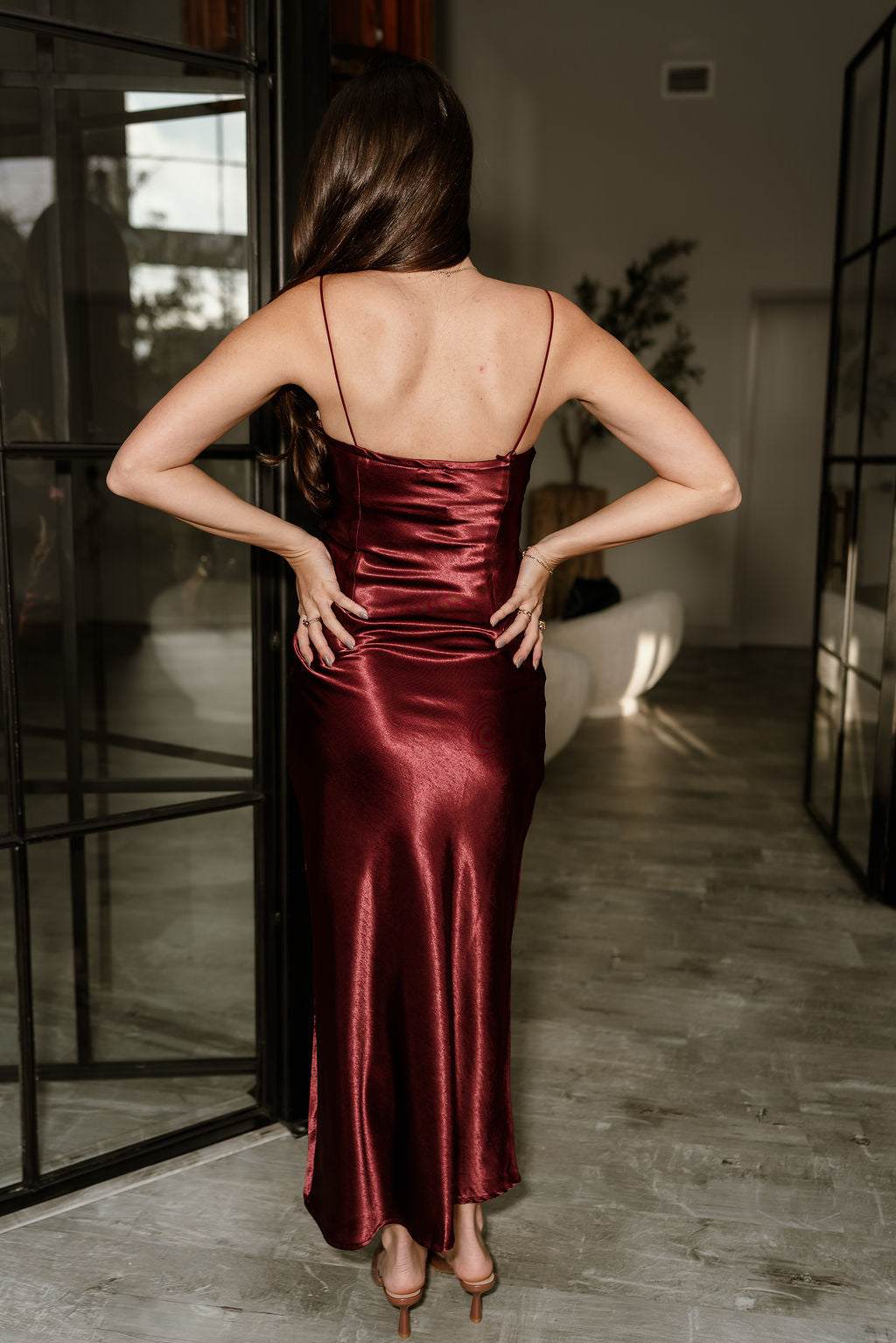Julia Plum Satin Midi Dress- full body back view